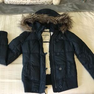 Dark Blue Puffer Jacket with Fur Hood